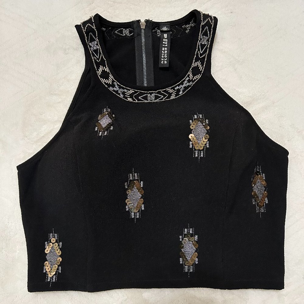 Design Lab Black embellished high-neck,  crop top.